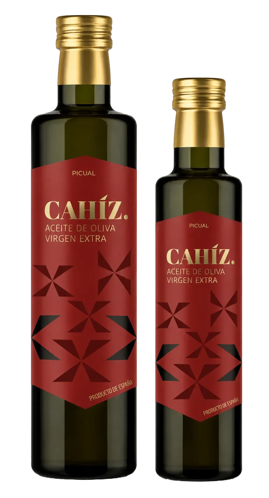 Las dos botellas de CAHÍZ de la variedad Picual, aceite de oliva virgen extra, en formato de 500 y 250 ml